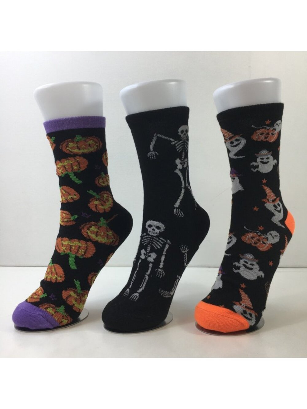 Womens Crew Socks Set 3 Halloween Jack-o-Lantern Skeletons Ghosts Black Orange